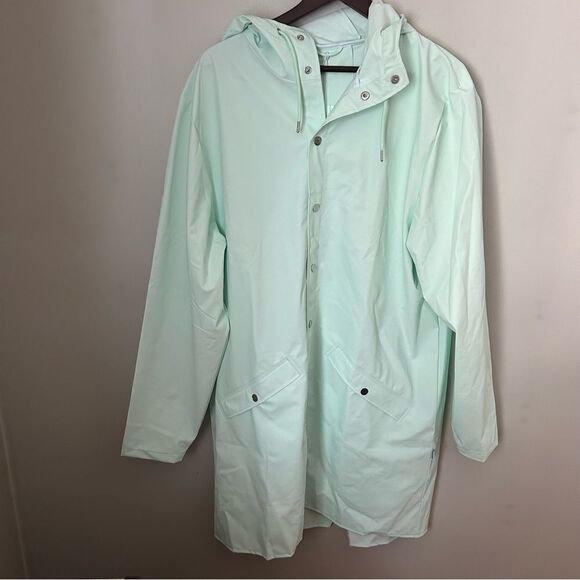 RAINS Jacket Long Mineral Green Casual Unisex Lightweight Hooded Neutral Pockets - Picture 2 of 16